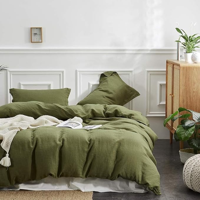 Simple&Opulence 100% Linen Duvet Cover Set, 3 PCS Olive Green Duvet Cover California King Size, Breathable Soft Comfy Linen Bedding Comforter Cover with 2 Pillowcases(Olive Green, 104"x98")