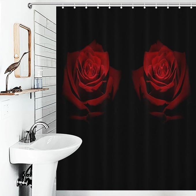Red Rose Floral Shower Curtains Romantic Red Roses Artistic Theme Waterproof Shower Curtains for Bathroom Decor 12 Pack Hooks 55x72in（140x183cm）