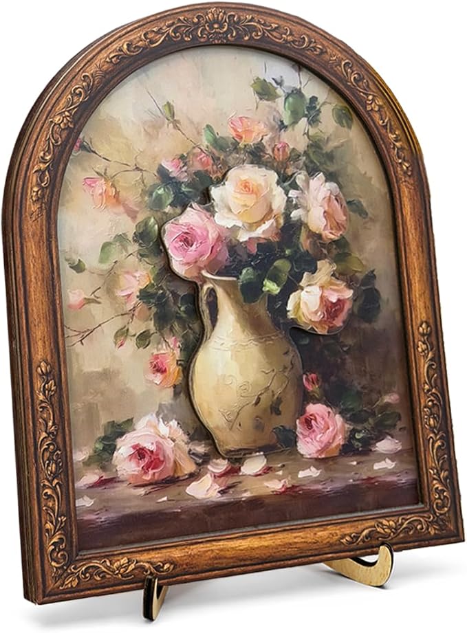 3D Vintage Rose Flower Desk Decor Sign, Country Floral in Vase Framed Wall Art Sign for Home Bedroom Living Room Desk Wall Shelf Farmhouse Aesthetic Decor 8x10 Inch