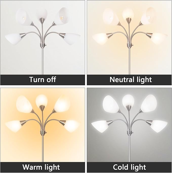 Floor Lamp, 5 Adjustable Neck Heads with Lampshades, Multi-Light Standing Reading Lamp for Living Room, Bedroom, Office