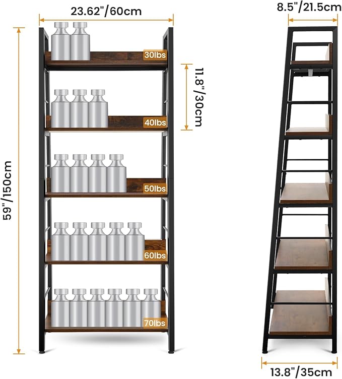 Himimi Industrial Bookshelf 5-Tier, Home Office Bookcase Ladder Shelf, Freestanding Storage Shelves Rack Shelf Unit, Brown Ladder Bookcases with Metal Frame for Bedroom, Living Room, Kitchen