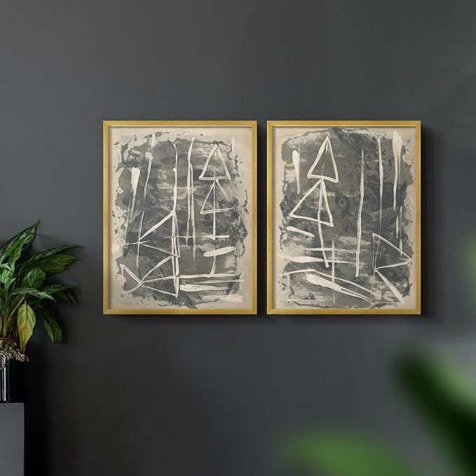 Renditions Gallery Set of 2 Peel & Stick Framed Prints, Trendy Abstract Wall Art, Textured Linework Striking Wall Decor, Re-Stickable - Ready to Hang - 16"x20" - GOLD Frame LT588