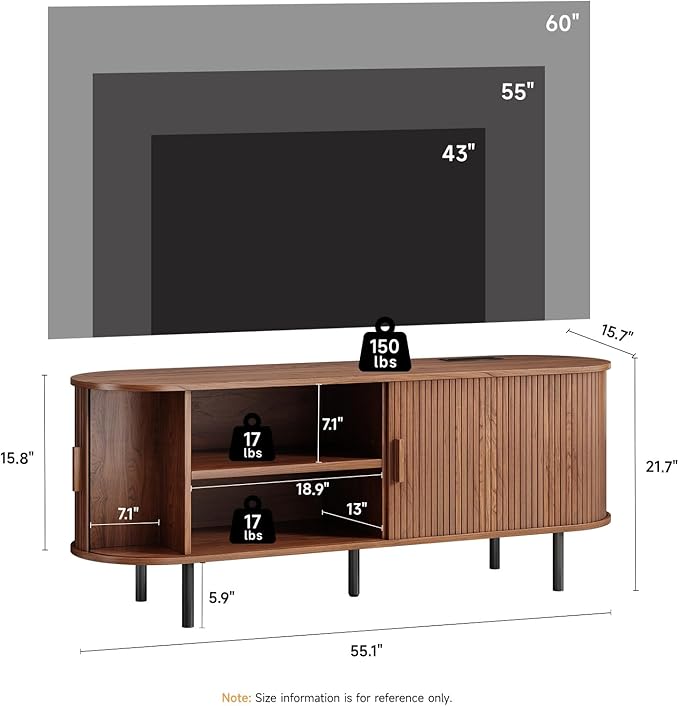 55" TV Stand with Power Outlet, Mid-Century Modern Television Stand, Fluted Media Console with Sliding Doors, Entertainment Center for TVs up to 60 Inch, Adjustable Shelves, Walnut