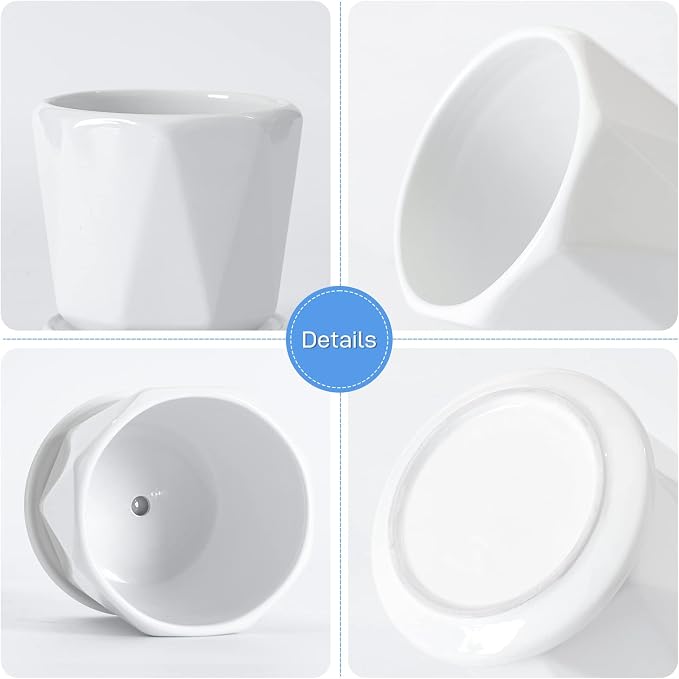 White Ceramic Planter, Plant Pots Indoor with Drainage, 6.5+5.5+4.5 Inch Octagon Modern Decor Flower Pots for Succulents and Cactus, Perfect for Desk, Window Sill, Living Room