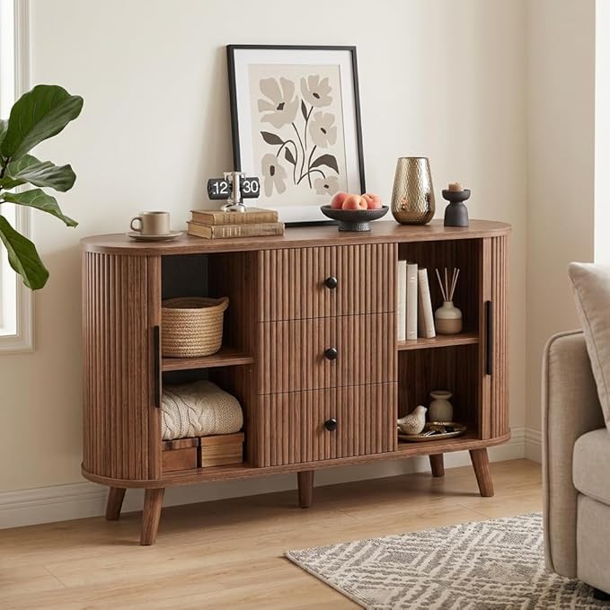 47.2" Mid-Century Modern Fluted Sideboard Buffet Cabinet with Tambour Sliding Doors, 3 Drawers & Adjustable Shelves, Walnut Storage Credenza Console for Living Room, Entryway (Walnut brown)