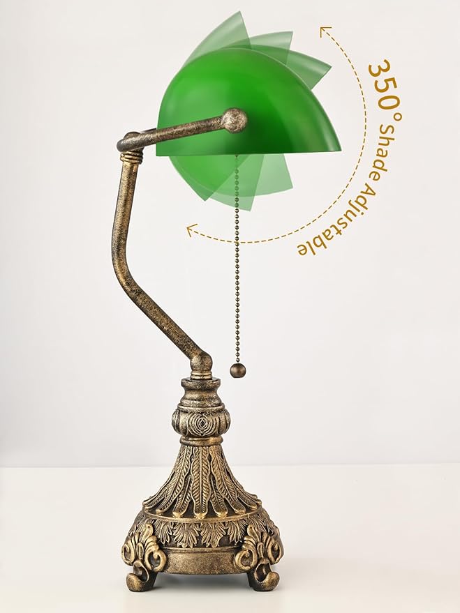 Vintage Green Glass Bankers Desk Lamp for Home Office,Library with Pull Chain Switch Plug in Fixture, LED Bulb Included