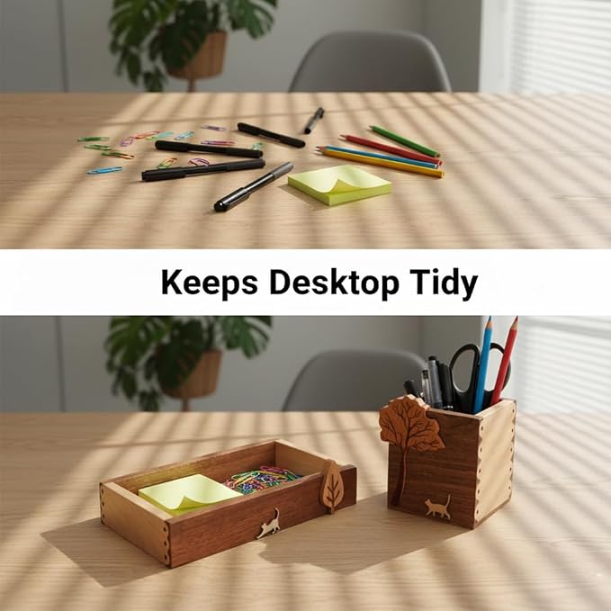 Wooden Desk Tray with Pen Holder Set Natural Wood Office Desk Pencil Pen Cup Holder Paper Clip Storage Sticky Note Holder Organizer Tray for Keys Pen Watch