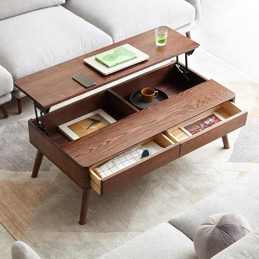 Solid Wood Coffee Table with Drawers, Natural Wooden Center Table for Living Room, Easy-to-Assemble Low Desk, 47.24" W × 23.62" D × 17.72" H for Home Office (47.24" Solid Wood Coffee Table)