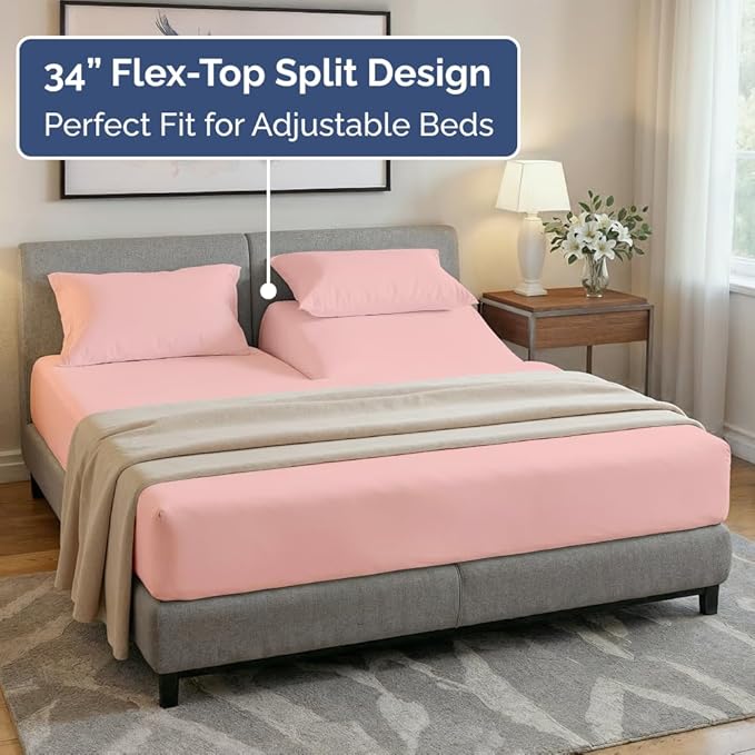 Flex Top Split Head King 4 Piece Sheet Set - Soft, Breathable & Cooling Bed Sheets Set - Hotel Luxury Bedding for Women & Men with Deep Pockets - Wrinkle Free & Fade Resistant - Oeko-Tex - Baby Pink