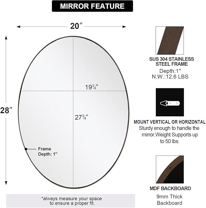 ANDY STAR Brushed Bronze Oval Mirrors for Bathroom, 20x28 Inch Bronze Stainless Steel Metal Framed Oval Wall Mirror, Modern Vanity Mirror Wall Mount Horizontal or Vertical