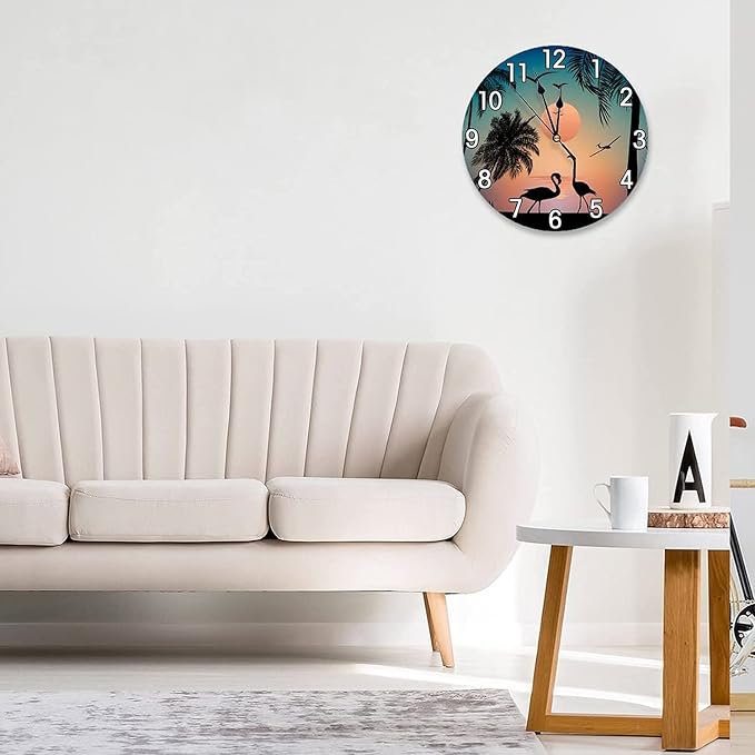 Flamingos Walk on the sea Beach Wall Clock Battery Operated Silent Round Clock Wall Decor for Home Office School, 12 Inch