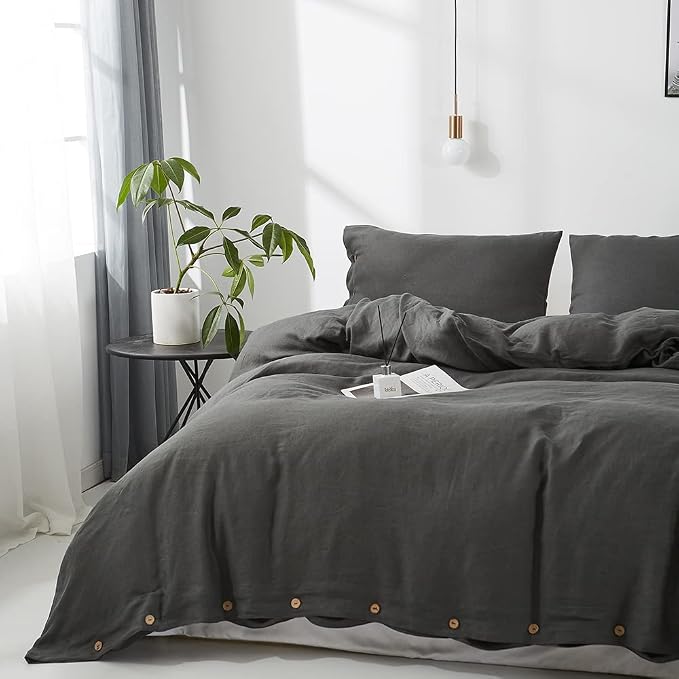 Simple&Opulence 100% Linen Duvet Cover Set 3pcs with Coconut Button Closure Natural French Washed Flax Solid Color Soft Breathable Farmhouse Bedding - Dark Grey, Full Size