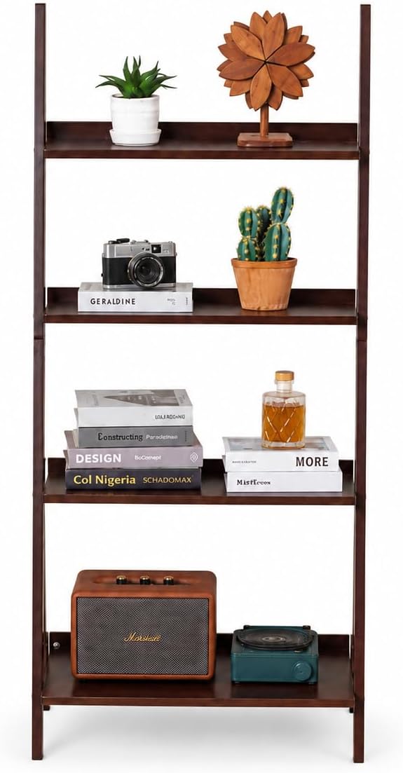 Maydear Bamboo Ladder Shelf Bookcase, 4-Tier Leaning Bookshelf Free Standing Organizer Storage Shelves for Living Room, Bedroom, Kitchen, Home Office, Balcony (Dark Walnut)