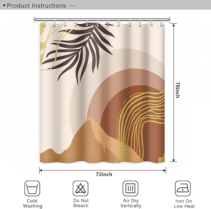 Abstract Mid Century Boho Bathroom Shower Curtain - Eucalyptus Leaves, Gold Lines, Mountains - Waterproof Fabric Polyester With Hooks for Home Decor, 72x78 Inch