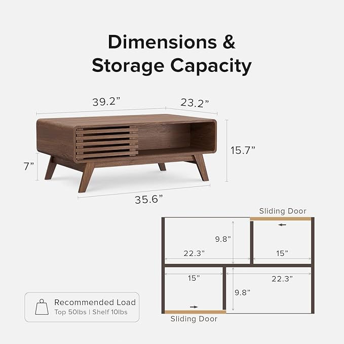 mopio Ensley Coffee Table, Mid Century Modern Table with Storage, Farmhouse Wood Coffee Table for Living Room Fluted (Walnut)