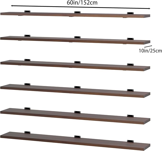 6 Tier Book Shelf, 60 inch Walnut Long Floating Shelf for Wall, Adjustable Large Bookcase, Wall Mounted Bookshelf for Living Room