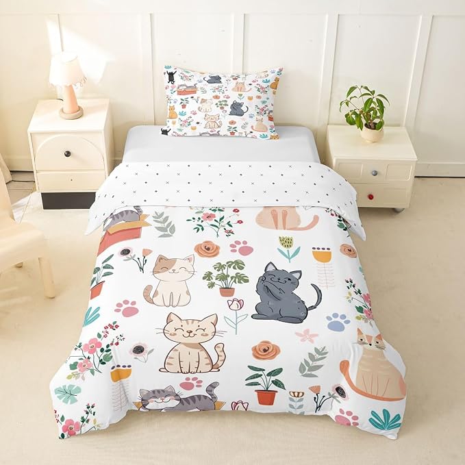 Erosebridal Cute Cat Toddler Duvet Cover Floral Cats Lovers Bedding Set Lovely Kitten Pet Animals Comforter Cover for Kids Girls Boys Adults Botanical Aesthetic Bed Set