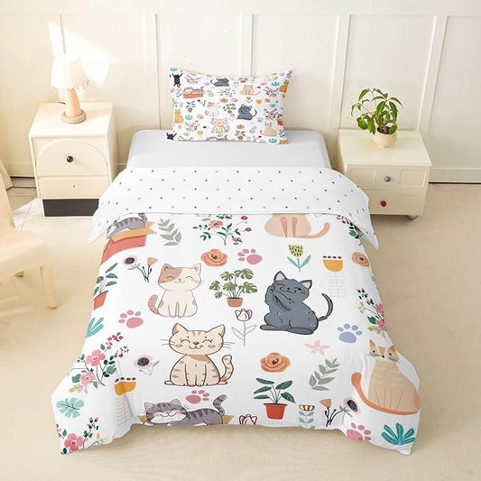 Erosebridal Cute Cat Duvet Cover Twin Floral Cats Lovers Bedding Set Lovely Kitten Pet Animals Comforter Cover for Kids Girls Boys Adults Botanical Aesthetic Bed Set