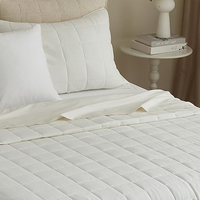 Powdion 100% French Linen Quilt King, Pre-Washed Linen Front Cotton Back Quilt Comforter Breathable Bedding Set for All Season, Lightweight Cotton Quilt King Size, 3 Pieces Cream Bedspread