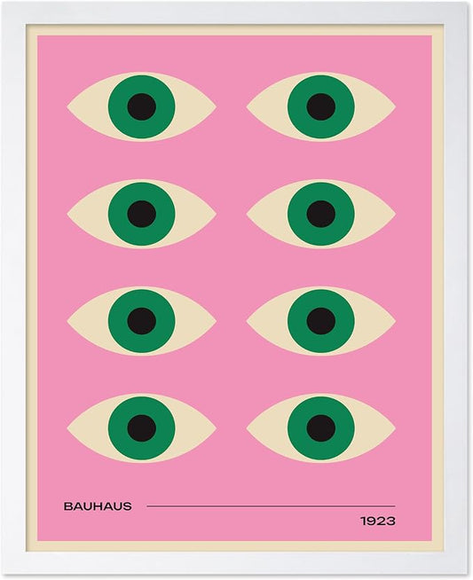 Poster Master Bauhaus Poster - Green Eyes Print - Graphic Design Art - Geometric Art - Chic Boho Art - Mid Century Modern Art - Abstract Art - Living Room or Bedroom Decor - 11x14 White Framed