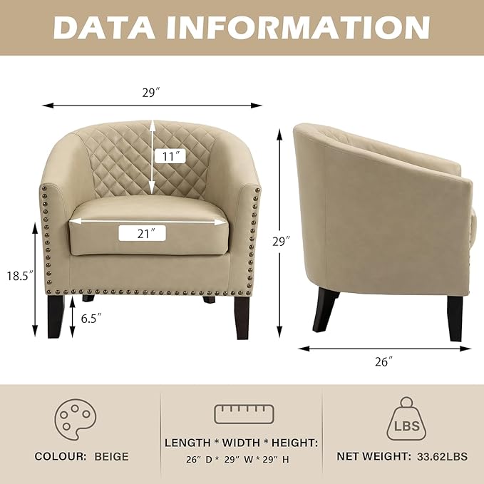 UIXE Faux Leather Accent Chairs Set of 2, Barrel Club Chair Upholstered Armchair for Living Room, Comfy Modern Round Arm Chair Bedroom Side Reading Seat - Coffee Brown