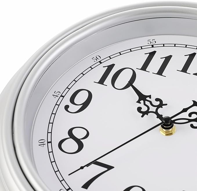 Plumeet Retro Wall Clock, 12'' Non Ticking Classic Silent Vintage Wall Clocks Decorative Kitchen Living Room Bedroom - Battery Operated, Silver