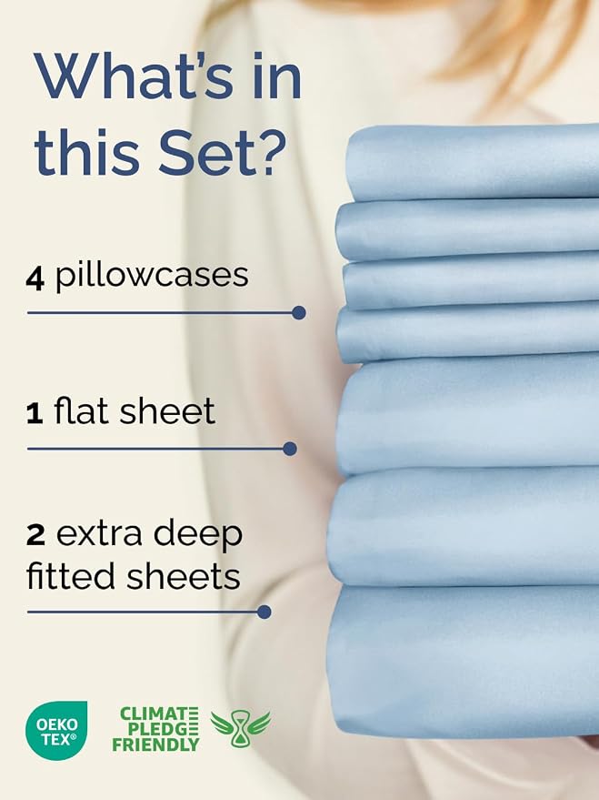 Extra Deep Split King Sheet Set - 7 Piece Breathable and Cooling Sheets - Hotel Luxury Bedding for Women, Men, Kids & Teens - Easy & Secure Fit - Soft and Wrinkle Free - Extra Deep Pockets - Sky Blue