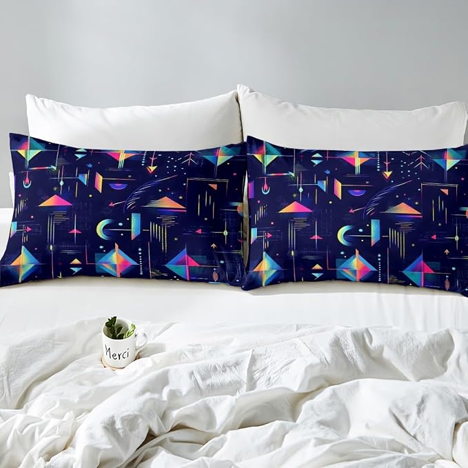 80s 90S Fashion Style Bedding Set Queen Size,Retro Memphis Style Pattern with Geometrical Shapes Duvet Cover for Kids Child,Funky Hipster Old Fashioned Comforter Cover Triangle Geometric Decor