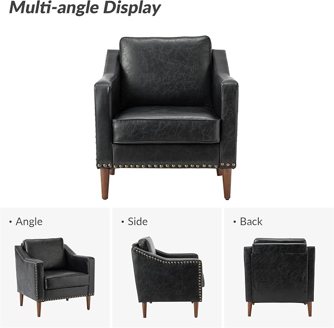 HULALA HOME Faux Leather Accent Armchairs Set of 2 with Back & Seat Cushions, Traditional Club Chairs with Nailhead Trim, Comfy Upholstered Sofa Chairs for Living Room Bedroom, Black