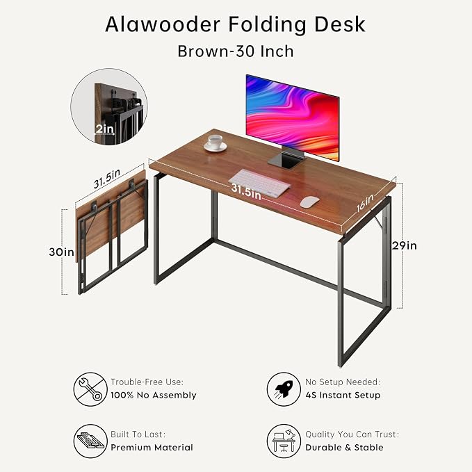 alawooder Folding Desk - 31.5" Wood Top Foldable Desk for Small Spaces | No Assembly Required Compact Desk for Home Office, Writing, and Study