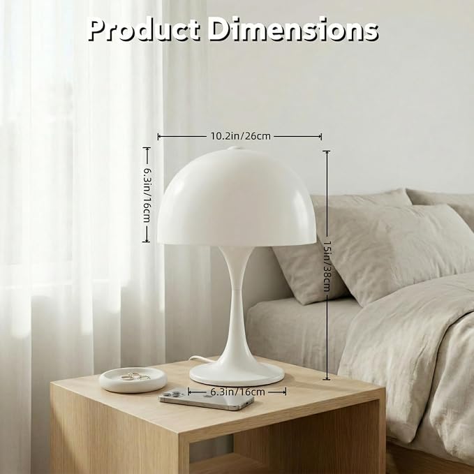 Modern Mushroom Table Lamp, Mid-Century Nightstand Lamp with Smooth Acrylic Shade & Metal Base, 3-G9 Socket Bedside Desk Lamp for Bedroom Living Room Office, Retro Decor Accent Light, Glossy White