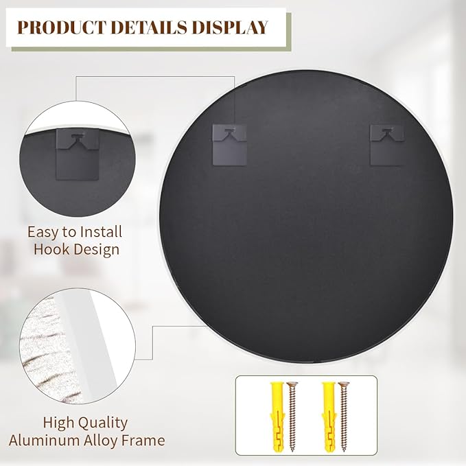 BEAUTYPEAK 24 Inch Round Mirror, Metal Frame Circle Mirror, Wall Mounted for Entryway, Bathroom, Vanity, Living Room, White