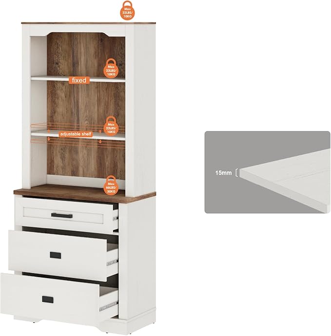 WAMPAT 73.3" Tall Bookcase with Chest of Drawers, 31.5 inch Wide Standing Rustic Bookshelves, Modern Farmhouse Display Storage Cabinet with Adjustable Shelves,Antique White