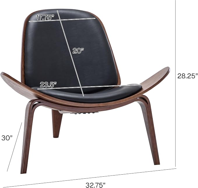 Belleze Mid Century Modern Tripod Plywood Lounge Chair Walnut Bentwood Upholstered Faux Leather, Black