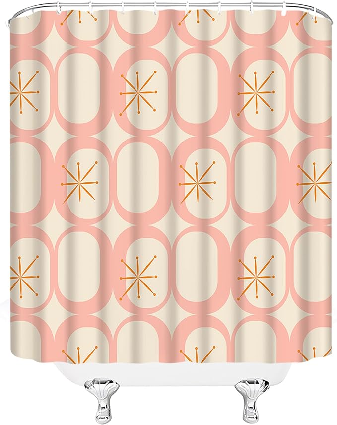 Mid Century Modern Shower Curtain Abstract Atomic Geometric Round Squares Retro 50s Pink Fabric Curtain with Hooks for Bathroom Decor,70x70 Inch