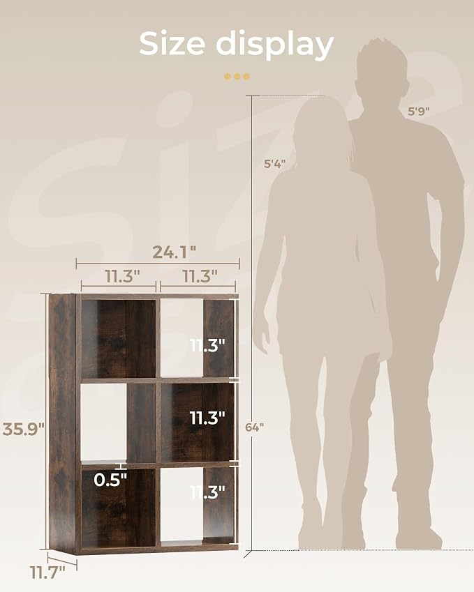 GTPLAYER 6-Cube Storage Organizer, Fits 11" Bins, Vertical or Horizontal Use, Opening Bookshelf, Partial Back Panels, Stackable Design Bookcase, for Closet, Bedroom, Amber Brown