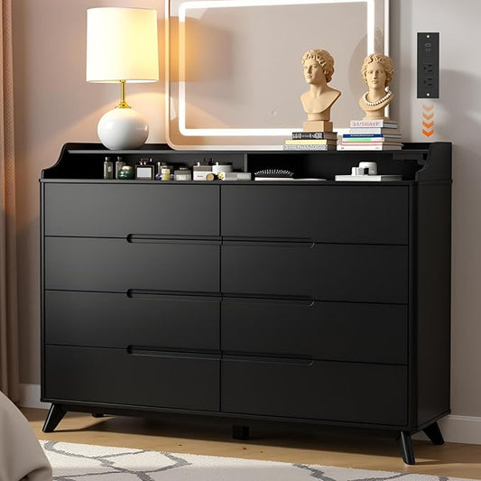 Dresser for Bedroom with 8 Drawers, 55" Large Dresser & Chest of Drawers with Charging Station, Wood Closet Clothes Storage Tall Dressers Organizer for Bedroom Living Room Hallway (Black)