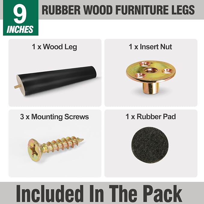 FoDau770 Black Rubber Wood Furniture Legs 9 Inches, 5/16" UNC Slant Tapered Wood Feet Mid Century Sofa Legs, Wooden Furniture Feet Replacement Parts for Cabinet Couch Dresser Chair Ottoman Table