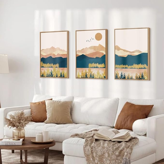 HPINUB Mountain Framed Canvas Wall Art Set, Mid Century Modern Wall Decor, Set of 3 Boho Artwork Nature Art Paintings, Bohemian Art Prints for Living Room, Bedroom, Dining Room, Office-24 x36 x3
