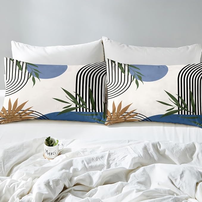 Erosebridal Mid Century Boho Blue Duvet Cover Queen for Kids Teens Adults,Abstract Modern Comforter Cover,Botanical Plant Leaves Bedding Set,Minimalist Simple Bed Set 3 Pcs Bedroom Decor