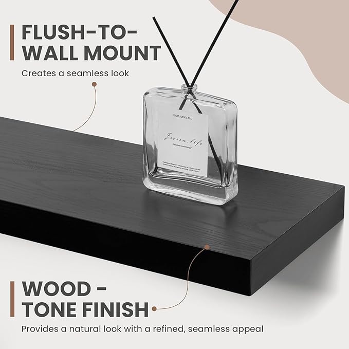 72 Inch Floating Shelves, 8 Inch Deep Floating Shelves for Wall, Hanging Shelf with Invisible Brackets, Deep Shelves for Bathroom, Bedroom, Living Room, Black, Set of 1