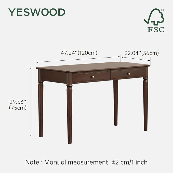 YESWOOD Solid Wood Computer Desk, Vintage Mid-Century Modern Home Office Desk Drawers, Writing Desk with Carved Legs for Study & Work 47.24" W