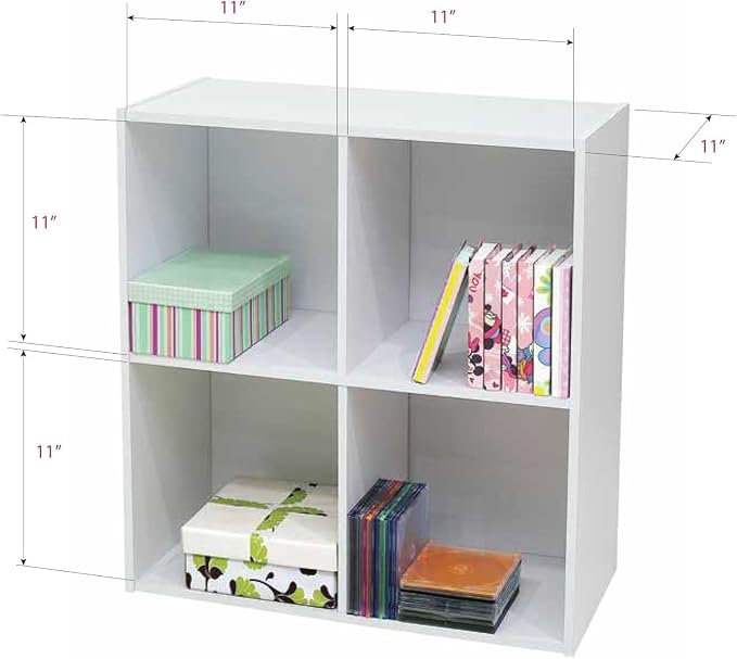 Kings Brand Furniture George 4-Cube Storage Organizer, 2-Tier Bookcase with Wood Shelves for Living Room, Bedroom, Nursery, or Home Office (White, 2-Pack)