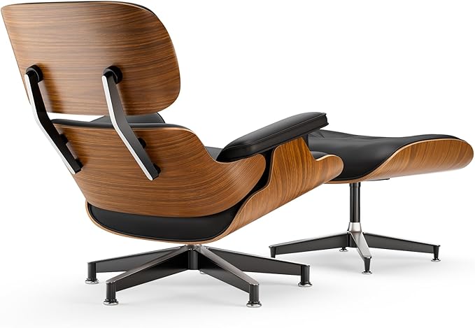 Top Black PU Leather, Mid Century Chaise Lounge Chair and Ottoman, Modern Chair Classic Design, Walnut Wood, Heavy Duty Base Support for Living Room Office