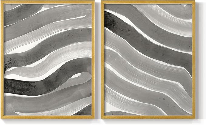 Renditions Gallery Set of 2 Peel & Stick Framed Prints, Watercolor Abstract Wall Art, Black and White Bold Brushstrokes Wall Decor, Re-Stickable - Ready to Hang - 22"x28" - GOLD Frame LT588