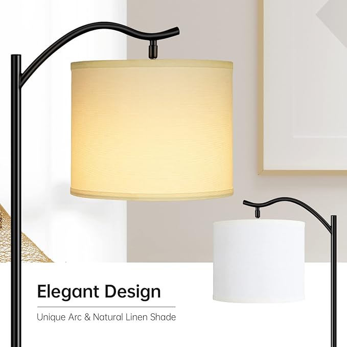 BoostArea Modern LED Arched Floor Lamp with Natural Linen Shade, 3 Brightness Levels, E26 Socket, Footswitch, 63-inch Tall, White