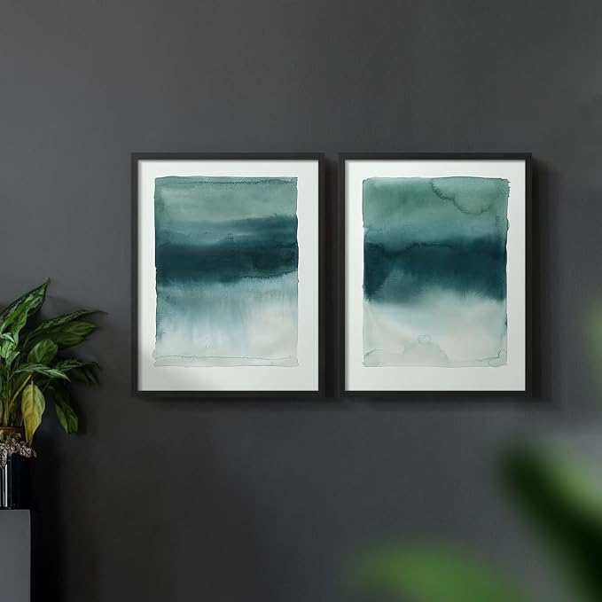Renditions Gallery Set of 2 Peel & Stick Framed Prints, Tie Dye Abstract Wall Art, Sage Green Watercolor Horizon Wall Decor, Re-Stickable - Ready to Hang - 16"x20" - Black Frame LT588