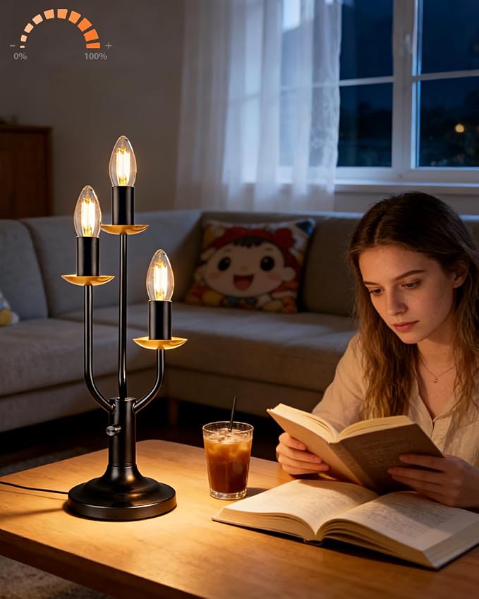 3-Light Dimmable Candelabra Table Lamp with LED Bulbs Included, Vintage Industrial Black Metal Desk Lamp, Retro Candle Nightstand Light for Bedroom, Living Room, Office, Cafe Decor