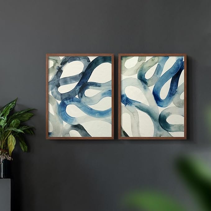 Renditions Gallery Set of 2 Peel & Stick Framed Prints, Watercolor Abstract Wall Art, Aquatic Water and Sand Strokes Wall Decor, Re-Stickable - Ready to Hang - 8"x10" - Walnut Frame LT588