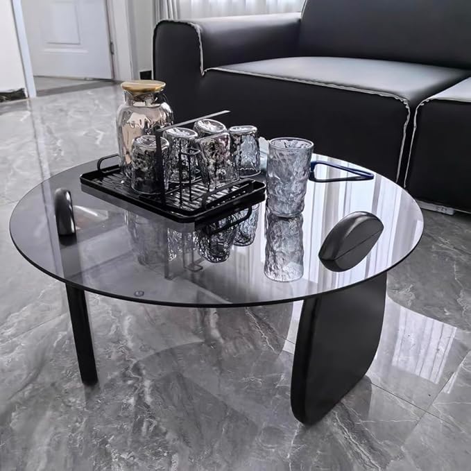 EASYSOUL Modern Round Coffee Table with Glass Top, 35.43" L x 35.43" W x 14.69" H, Circular Tea Tables for Living Room Home Office Industrial Cocktail Tables (Black-Grey Glass/35.43 ")